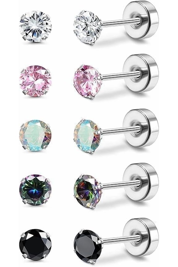 5/12 Pairs Flat Back Earrings Set for Women, 14K Gold Plated Hypoallergenic Cartilage Earrings for Sensitive Ears, Screw Back Stud Earrings with Star Heart Opal, Surgical Steel Cute Earrings Jewelry
