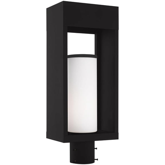 5.125 inch 1 Light Black Outdoor Post Top Lantern Pendant Lighting Fixture with Opal White Cylinder Glass Shade backed with Solid Brass material for patio, front porch, entryway and more