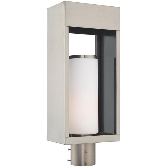 5.125 inch 1 Light Brushed Nickel Outdoor Post Top Lantern Pendant Lighting Fixture with Opal White Cylinder Glass Shade backed with Solid Brass material for patio, front porch, entryway and more