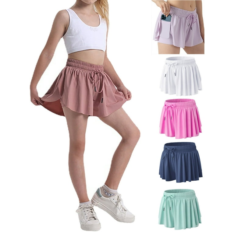 5 12T Girls Flowy Shorts with Spandex Liner 2 in 1 Youth Butterfly Skirts for Fitness Running Sports