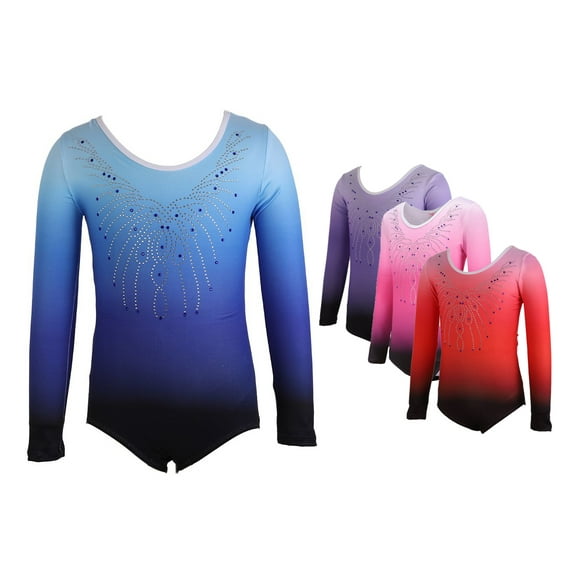 5-12T Girls Gymnastic Leotard Kids Sparkly Diamond Gradient Ballet Dance Suit Long Sleeve Practice Outfit