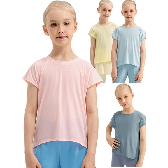 5-12T Kids Big Girls Dance Sports Shirts Athletic Running Gymnastics Yoga Tee Tops