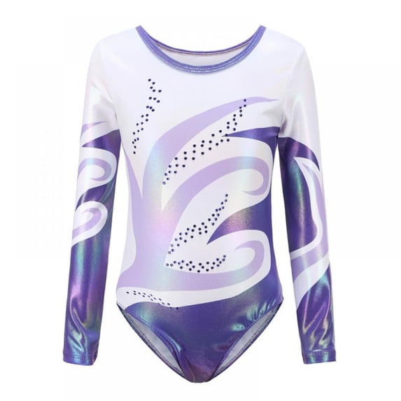 5-12T Little Girls Long Sleeve Gymnastic Leotard Kids Shiny Beads Flame Athletic Dance Bodysuit