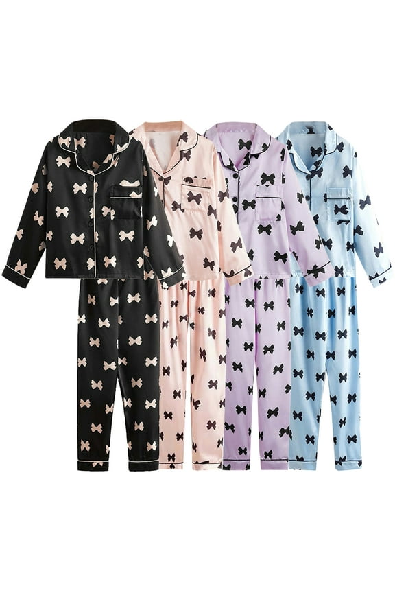 5-12Y Kids Little Big Girls Satin Pajamas Set Long Sleeve Button-Down Bow Printed Sleepwear PJs