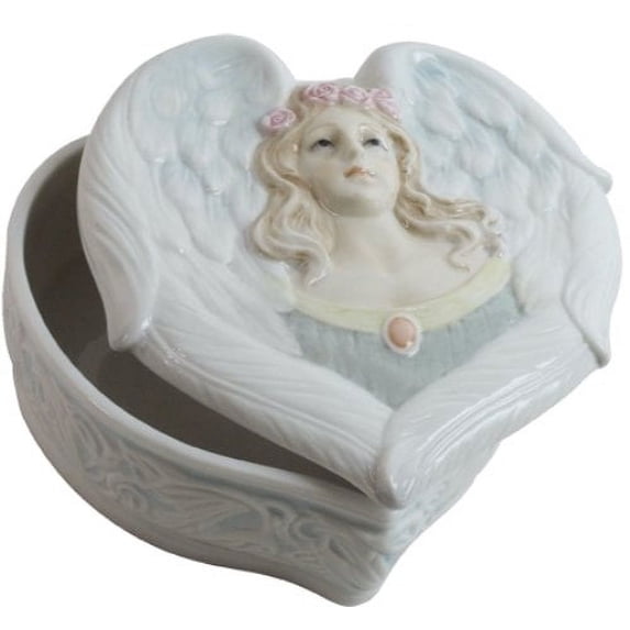 5.13 Inch Angel with Rose Head Wreath Decorative Trinket Box, White