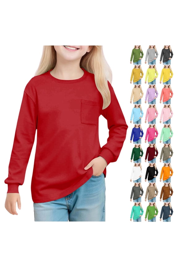 5-14 Years Girls' Tops Shirts Solid Loose Tunic Tops Round Neck Long Sleeved Top Children's Pullover Shirt