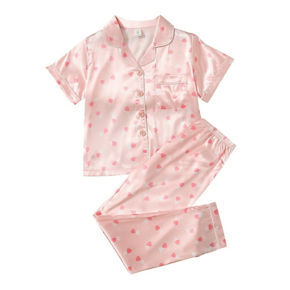 5-14T Girls Boys 2PCS Satin Pajamas Short Sleeve Button Down Pants Red Lips Print Loungewear Sleepwear