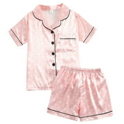 URMAGIC 5-14T Kids Girls Boys Satin Pajamas Set Short Sleeve Button-Down Valentine Sleepwear