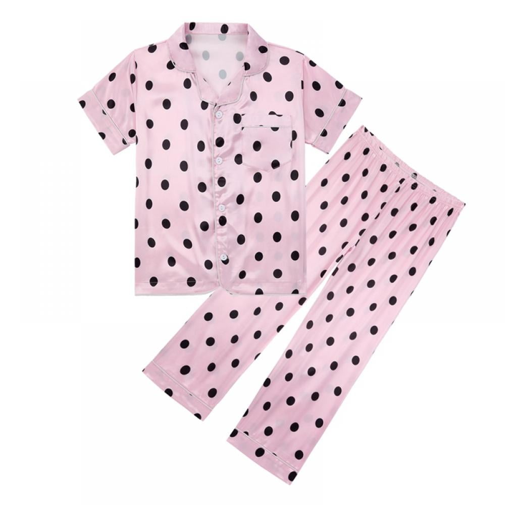 5-14T Little Girls Button Down Pajamas Kids Polka Dot Print Nightwear ...