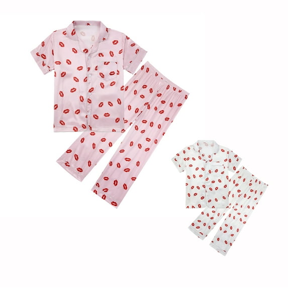 5-14T Little Girls Button Down Pajamas Kids Print Nightwear Short Sleeve Top Long Pant Sleepwear