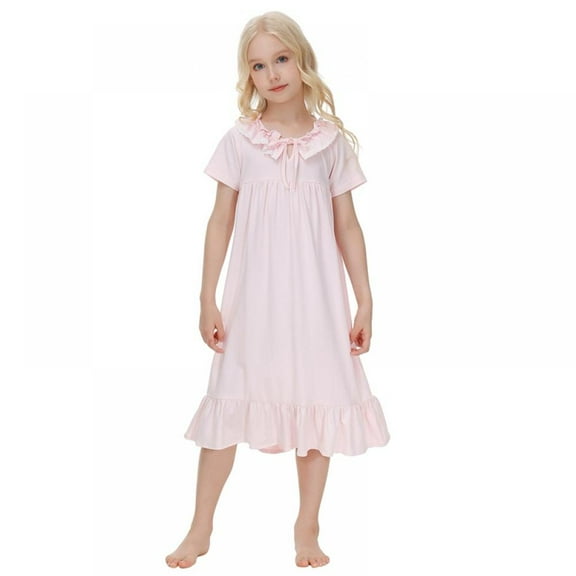 5-14T SILVERCELL Little Girls Nightgowns Short Sleeve Sleepwear Ruffle Hem Dress Loose Homewear,Pink