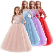 GYRATEDREAM 5-14Y Flower Girl Lace Full- Length Dress for Kids Wedding Bridesmaid Pageant Party Prom Formal Ball Gown Princess Puffy Tulle Dresses