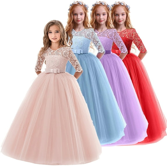 5-14Y Flower Girl Lace Full- Length Dress for Kids Wedding Bridesmaid Pageant Party Prom Formal Ball Gown Princess Puffy Tulle Dresses