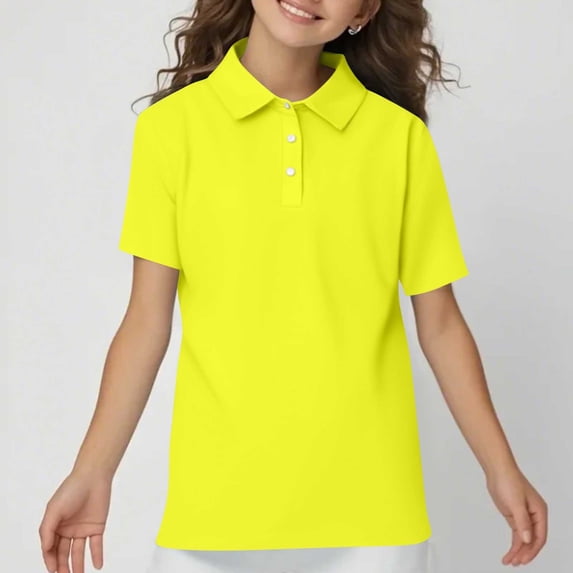 5-14Y Girls School Uniform Short Sleeve Polo Shirt Button Closure for Kids