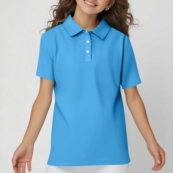 5-14Y Girls School Uniform Short Sleeve Polo Shirt Button Closure for Kids