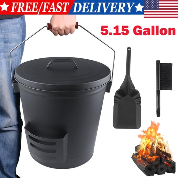 5.15 Gallon Black Ash Bucket Hot Wood Carrier Pail Fire Pits Ash Cleaning Tools