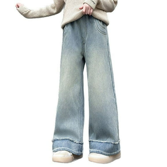5-15 Years Children Girls Jeans Pants Straight Leg High Elastic Waist Denim Pant Casual Trendy with Pockets for Kids