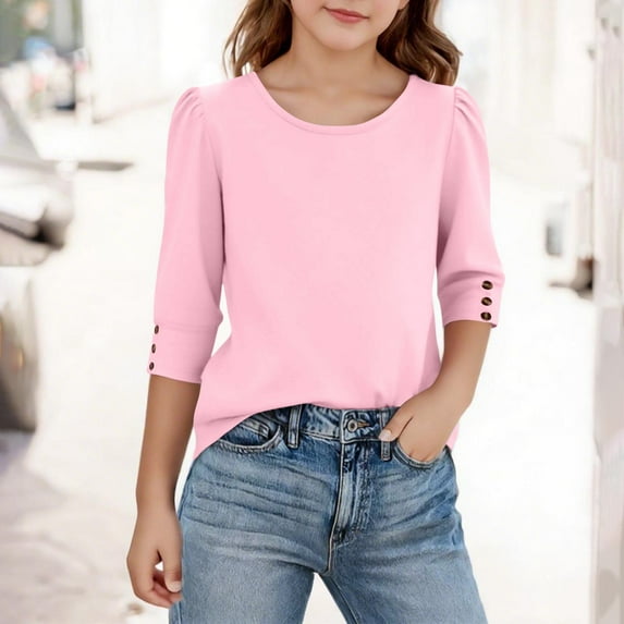 5-15 Years Girls 3/4 Length Sleeve Tops Spring Crew Neck Long Sleeve Tshirts Shirts Casual 2026 Fashion Clothes Outfits Pink 11 Years