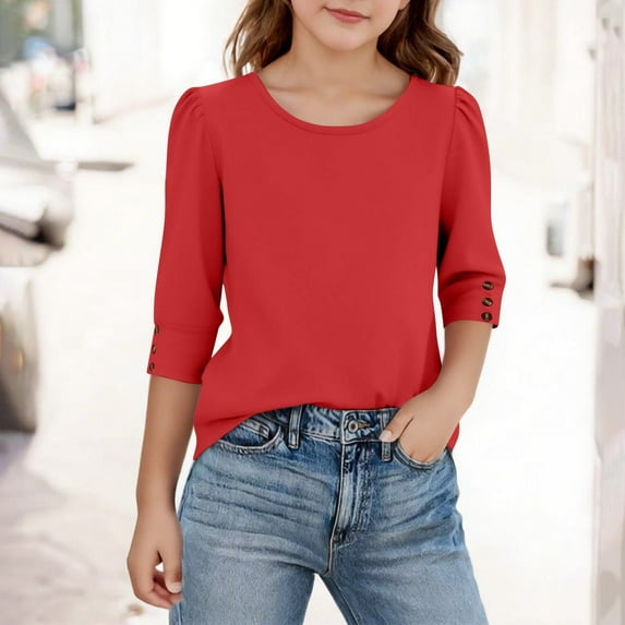 5-15 Years Girls 3/4 Length Sleeve Tops Spring Crew Neck Long Sleeve Tshirts Shirts Casual 2026 Fashion Clothes Outfits Red 11 Years