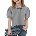 thumbnail image 1 of 5-15 Years Girls Blouse Puff Sleeve Tops School Uniform T-Shirts Summer Short Sleeve Casual Button Blouses for Kids, Gray, 11-12 Years, 1 of 6