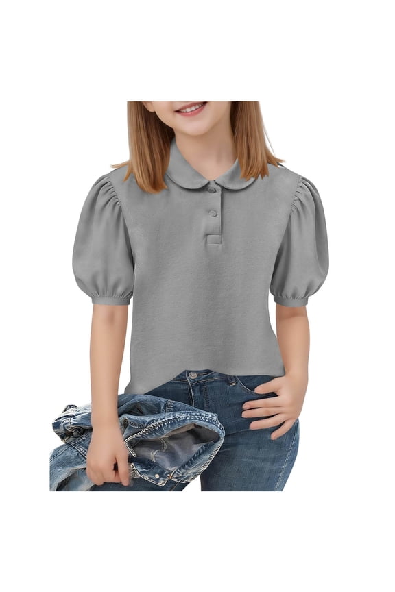 5-15 Years Girls Blouse Puff Sleeve Tops School Uniform T-Shirts Summer Short Sleeve Casual Button Blouses for Kids, Gray, 7-8 Years