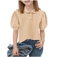 thumbnail image 1 of 5-15 Years Girls Blouse Puff Sleeve Tops School Uniform T-Shirts Summer Short Sleeve Casual Button Blouses for Kids, Khaki, 7-8 Years, 1 of 6