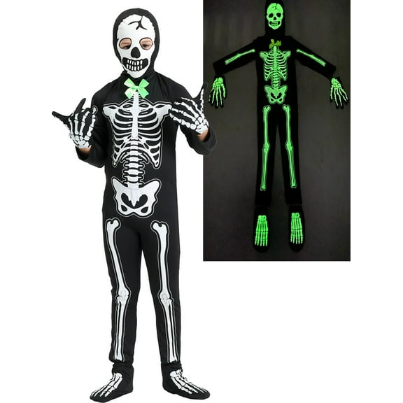 5-15T Glows in the Dark Skeleton Costume, Black Skelebones Jumpsuit, Halloween Costume for Kids Youth Boys Girls