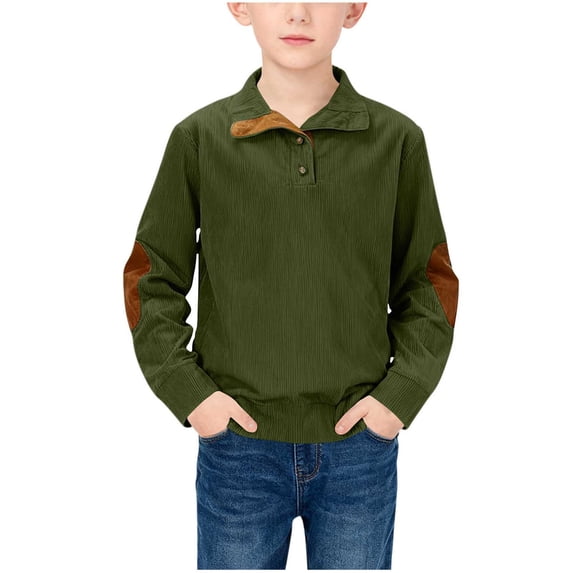 5-15Y Boy Spring Outfit Golf Embroidery Button Up Sweatshirt Lapel Long Sleeve Collared Shirt Army Green 14-15 Years