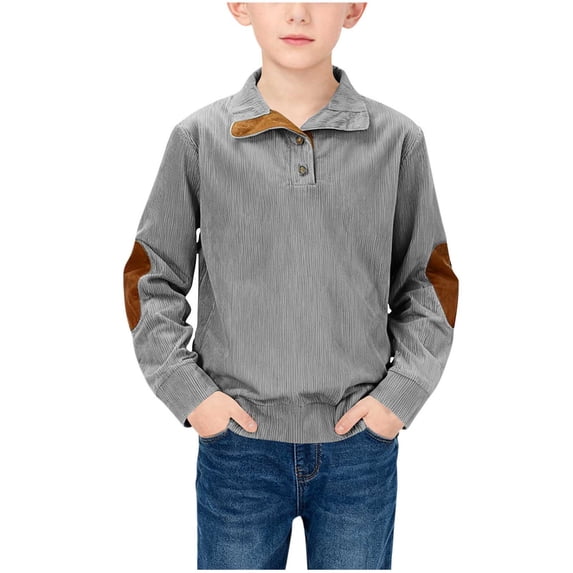 5-15Y Boy Spring Outfit Golf Embroidery Button Up Sweatshirt Lapel Long Sleeve Collared Shirt Gray 11-12 Years