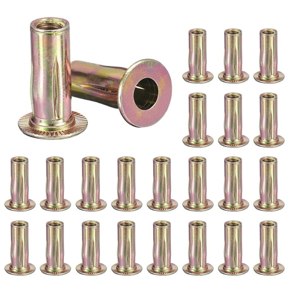 5/16-18 Multi-Grip Rivet Nuts, 25pcs Pre-Bulbed Shank Flat Head Threaded Insert Nut Gold Zinc Plated Finish Carbon Steel Plus Nuts Construction Fasteners for Industrial