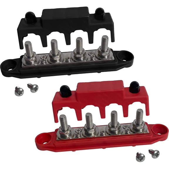 5/16" 4 Post Power Distribution Block Bus Bar with Cover M8 - 250 Amp Rating – Marine Bus Bar, Automotive, and Solar Wiring – Battery Terminal Distribution Block (5/16", Red & Black)