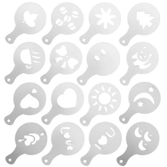 Under 5$ 16-Piece Plastic Coffee Spray Mold Set,Kaireo 16 Piece Coffee Art Stencil Set Reusable Grade Plastic Templates for Latte Cocoa & Dessert Decoration (Flower/Heart/ Designs)