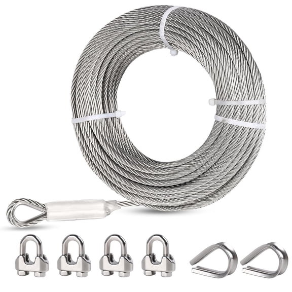 TooTaci 5/16" Stainless Steel Cable Kit, 100ft 7x19 Wire Rope, with Clamps & Thimble, 9000 lbs Break Strength for Zip line, Boat Lifts, Deck Railing