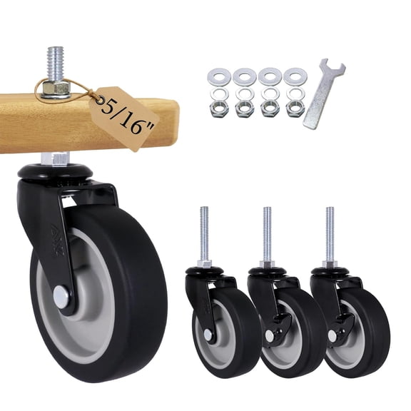 5/16" Threaded Caster Wheels, 45mm (1 3/4 Inch) Stem Length, 3 Inch TPR Soft Rubber Silent Rolling Casters for Movable Cabinets, Warehouse Shelves, Store Displays, and Retail Stands (Set of 4)