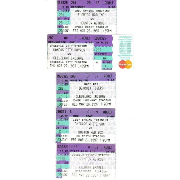 5 1997 Grapefruit League baseball spring training game ticket stubs Astros Indians