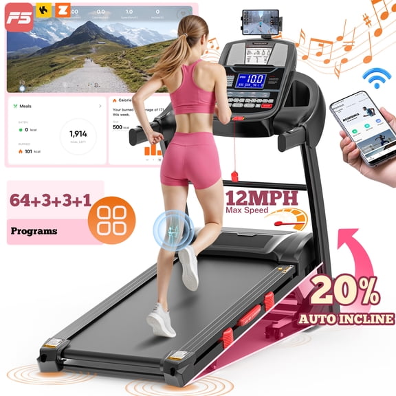5.1HP Folding Treadmills for Home, Treadmill 400lbs Capacity with 20% Incline, Max 12MPH Speed, Treadmill Running Machine with APP & Bluetooth, Shock Absorption, Home&Office