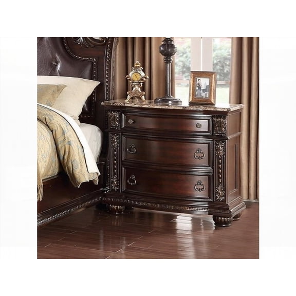 5. 1Pc Traditional Design End Table & 3-Drawer Nightstand, Cherry Finish & Marble Tabletop, Solid Wood