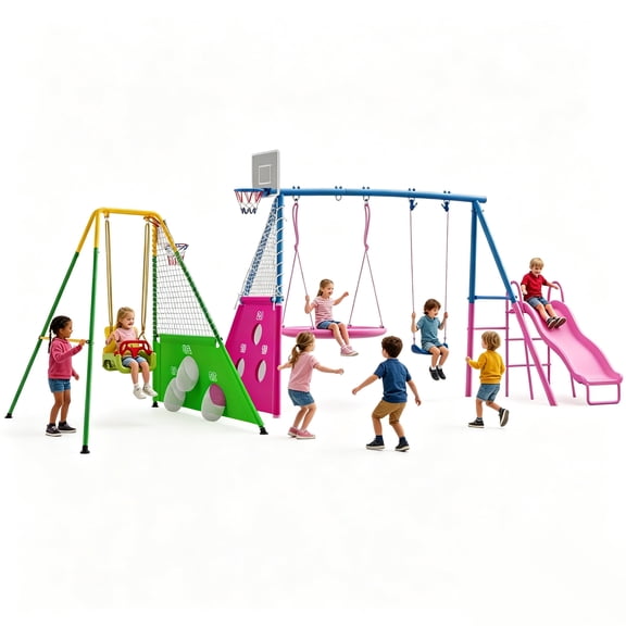 5 in 1Swing Sets +3-in-1Toddler Swing Sets for Backyard with Kids Slide Outdoor Heavy-Duty Metal Playset for Kids 450lbs Swing Set with Slide, Saucer Seat, Belt Seat, Soccer Goals and Basketball Hoop