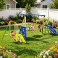 thumbnail image 1 of 5 in 1Swing Sets +3-in-1Toddler Swing Sets for Backyard with Kids Slide Outdoor Heavy-Duty Metal Playset for Kids 450lbs Swing Set with Slide, Saucer Seat, Belt Seat, Soccer Goals and Basketball Hoop, 1 of 18