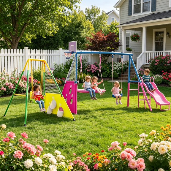 5 in 1Swing Sets +3-in-1Toddler Swing Sets for Backyard with Kids Slide Outdoor Heavy-Duty Metal Playset for Kids 450lbs Swing Set with Slide, Saucer Seat, Belt Seat, Soccer Goals and Basketball Hoop