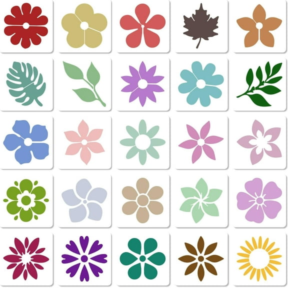 5.1x5.1 25Pcs Mini Flower Stencils Plastic Cute Leaf Floral Essential Paint Stencil Square Drawing Spray Paint Reusable Templates Drawing for DIY Crafts Painting Wood Wall Canvas Card Colorful