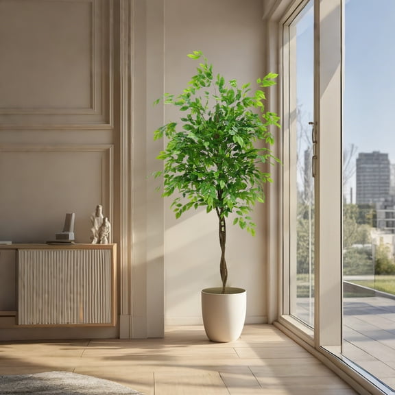 5.2/5.9FT Home Artificial Ficus Tree, Faux Plant Fake Silk Ficus Tree, Lifelike Fake Potted Tree For Home Living Room Bedroom Office Warehouse Decor Indoor Outdoor