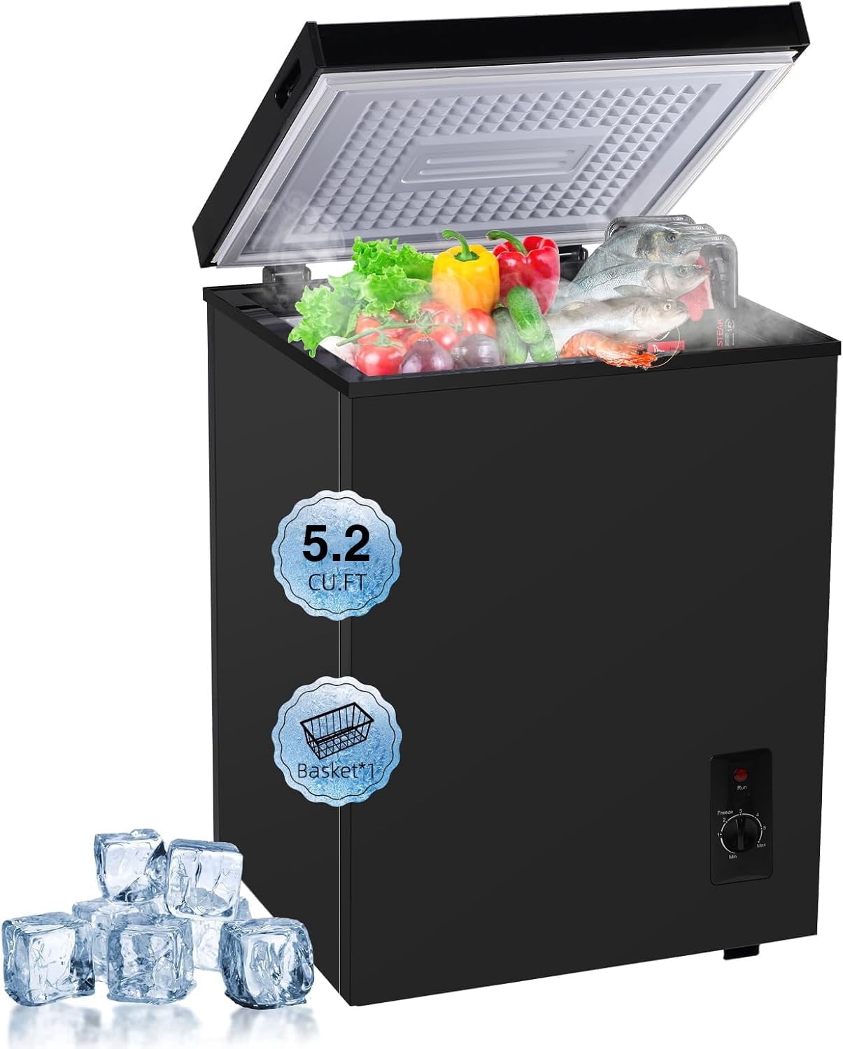 5.2 Cu.Ft Chest Freezer, Mini Deep Freezer with Removable Basket, Free Standing Compact Small Freezer Adjustable 6 Thermostat Quiet Small Deep Freezer Top Open Door for Dorm Home, Black