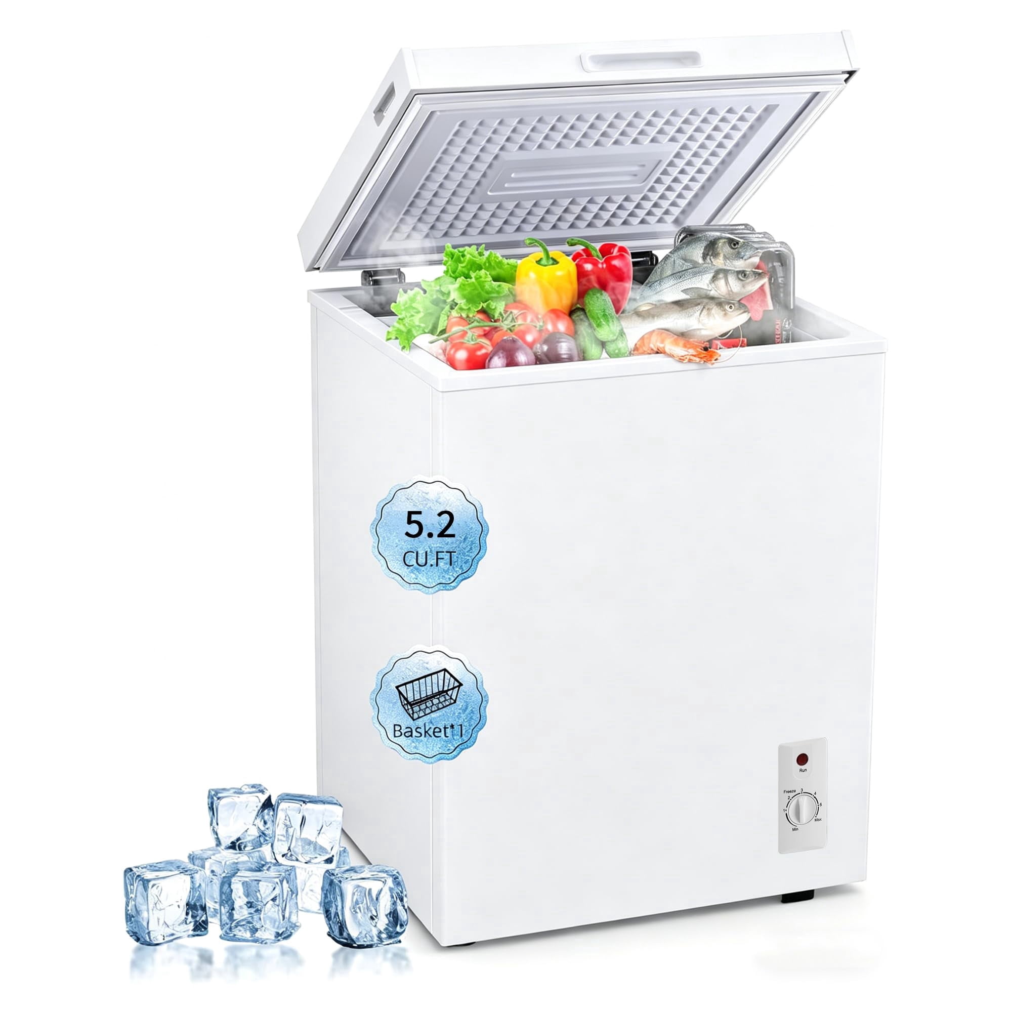 5.2 Cu.Ft Chest Freezer, Mini Deep Freezer with Removable Basket, Free Standing Compact Small Freezer Adjustable 6 Thermostat Quiet Small Deep Freezer Top Open Door for Dorm Home, White