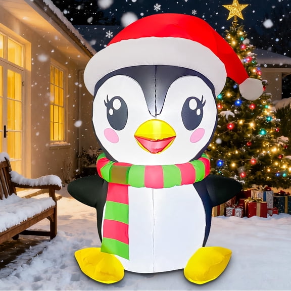 5 FT Penguin Christmas Inflatable with Built-in LED Lights, Cute Inflatable Penguin Wearing Xmas Hat, Christmas Outdoor Decorations for Garden Patio Lawn Holiday Party Xmas