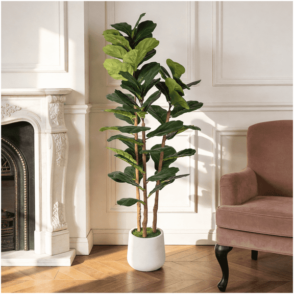 5.2 Foot Faux Fiddle Leaf Fig, Fabric and Plastic Foliage, White Planter, Modern Living Room Accent