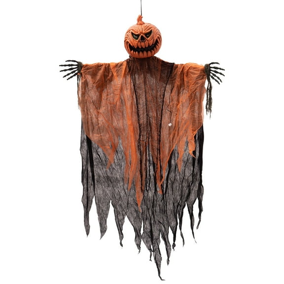 5.2 Ft Halloween Pumpkin Scarecrow Props,Halloween Hanging Pumpkin Ghost with LED Red Eyes, Sound Activated Ghost Lighted Up Scary Halloween Props for Indoor,Outdoor,Haunted House,Yard