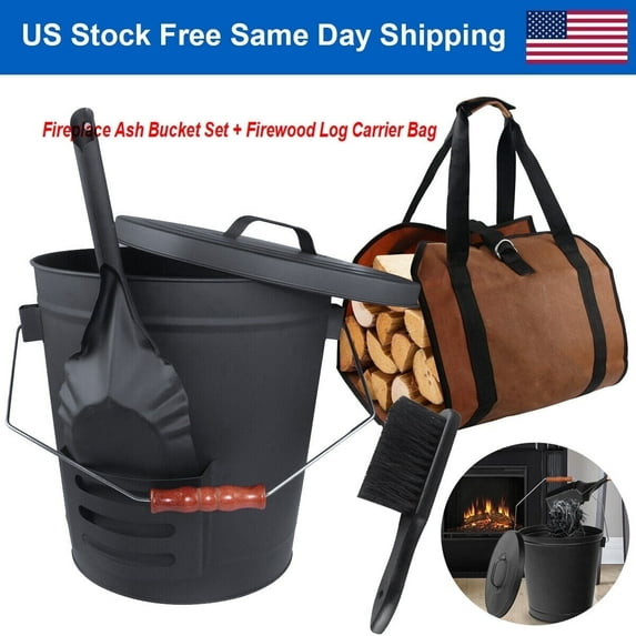 5.2 Gallon Black Ash Bucket with Lid, Shovel, Brush, and Firewood Carrier Bag for Fireplaces and Fire Pits