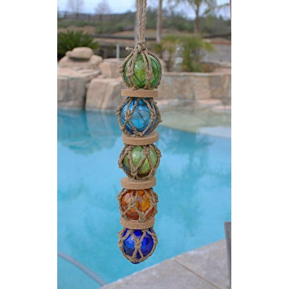(5) 2" Glass Fishing Floats On Rope ~ Nautical Fish Net Decor ~ Green Blue Amber
