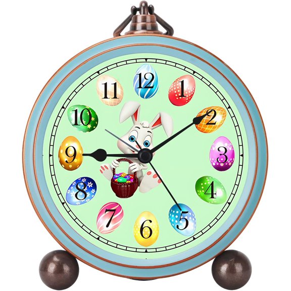 5.2 Inch Cute Easter Egg Metal Table Clock with Quartz Movement, Non-Ticking Small Alarm Clock with HD Glass and Bunny Design, Battery Operated Desk Clock for Bedroom and Living Room Decor(Easter)